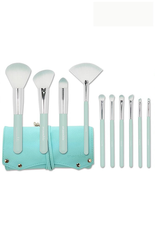LBS MINT 10-Piece Essential Makeup Brush Set with Travel-Friendly Pouch